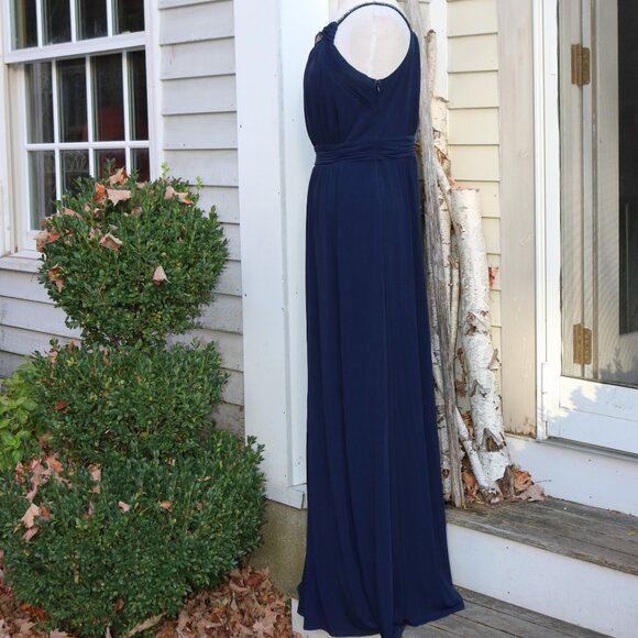 Sangria Navy Blue Knit Grecian Gathered Knit Rhinestone Trim Formal Maxi Dress - Picture 6 of 11